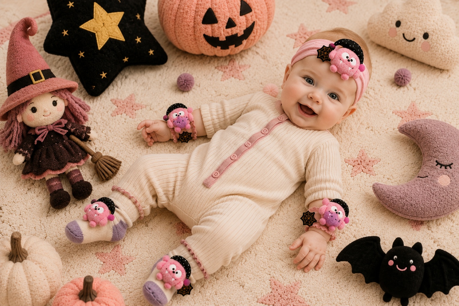 Wholesale Halloween Pink Monster Baby Gift Set | Custom Plush Headband, Socks & Wristbands