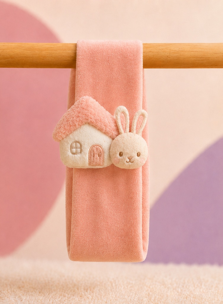 Wholesale Pink Plush Baby Doll Headband with Bunny & House Applique for Boutique Gift Collections
