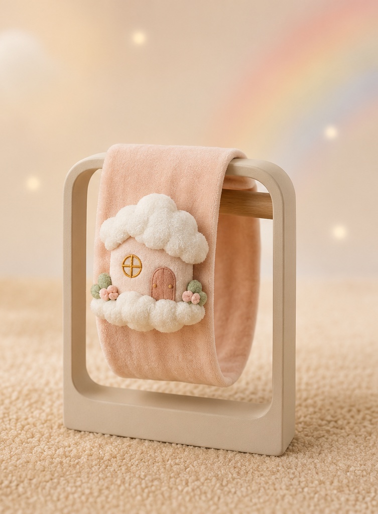 Wholesale-Ready Pink Plush Baby Doll Headband with Cloud Cottage Applique for Boutique Buyers