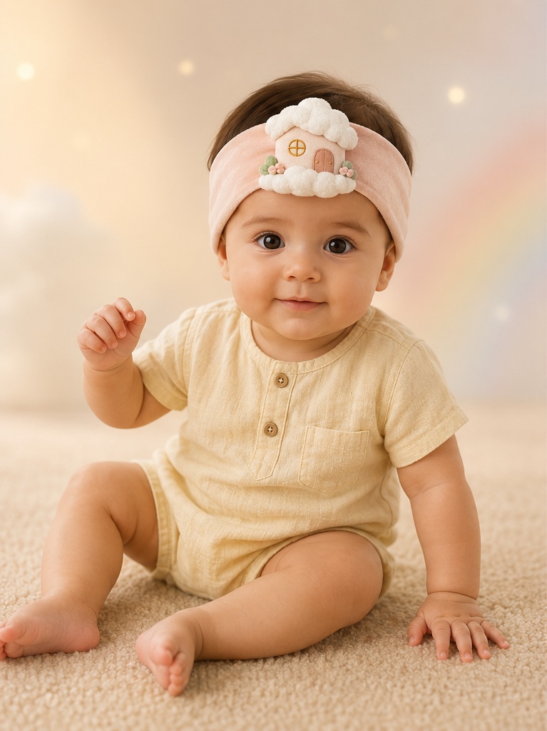 Wholesale-Ready Pink Plush Baby Doll Headband with Cloud Cottage Applique for Boutique Buyers