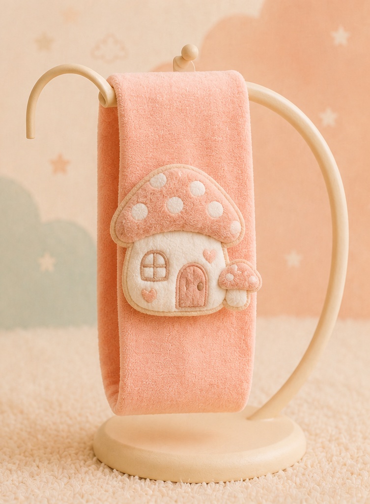 Wholesale-Ready Pink Plush Baby Doll Headband with 3D Mushroom House Appliqué for Boutique Gift Collections