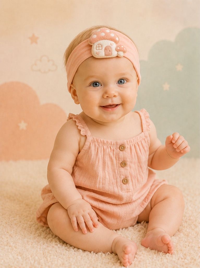Wholesale-Ready Pink Plush Baby Doll Headband with 3D Mushroom House Appliqué for Boutique Gift Collections