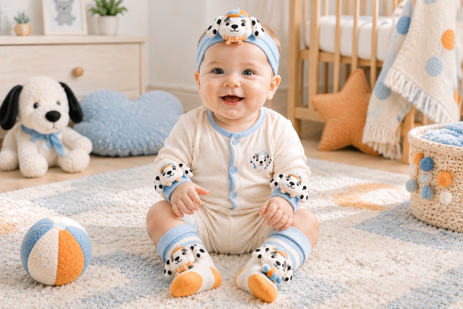 Wholesale Dalmatian Puppy Baby Gift Set – Plush Character Headband, Socks & Wristbands | OEM/ODM Ready
