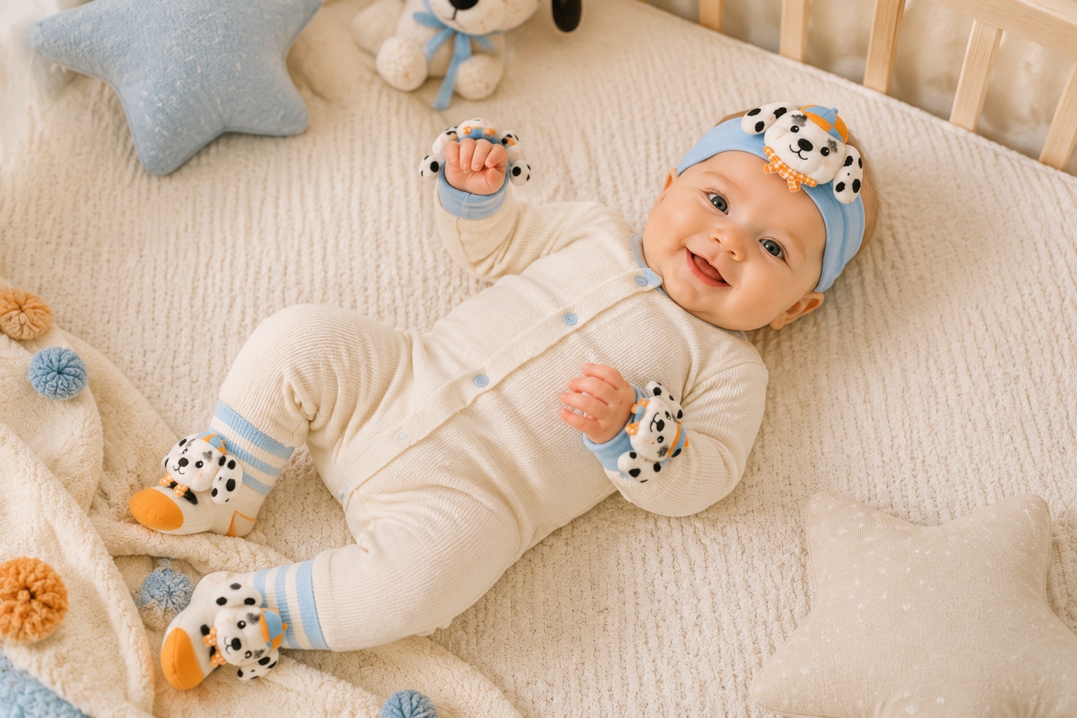 Wholesale Dalmatian Puppy Baby Gift Set – Plush Character Headband, Socks & Wristbands | OEM/ODM Ready