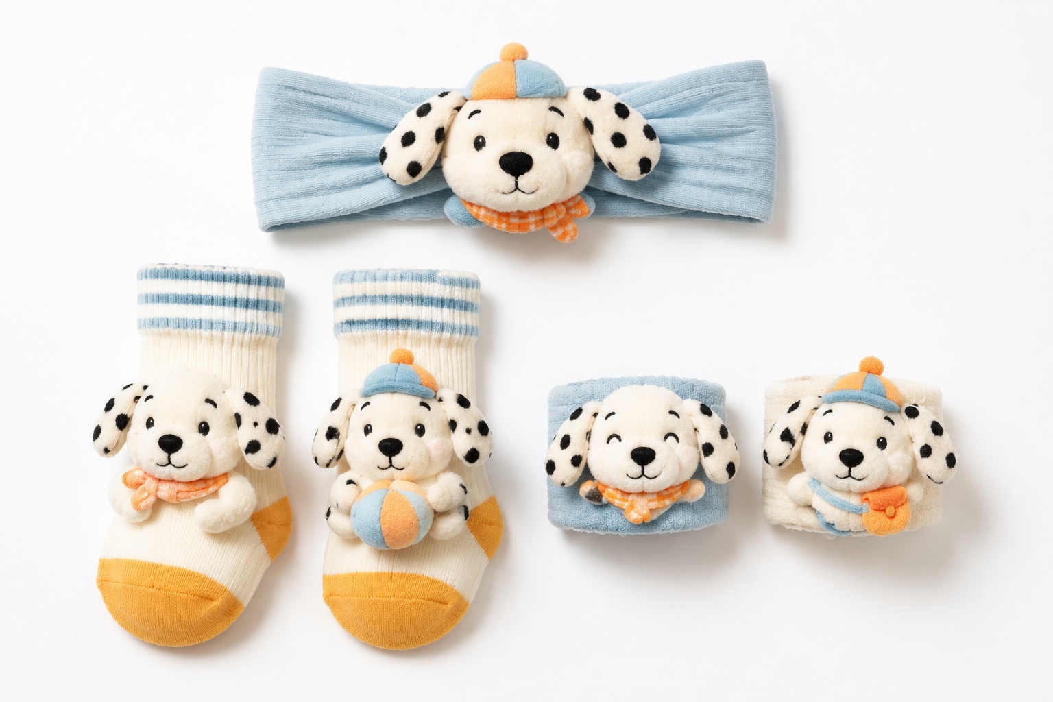 Wholesale Dalmatian Puppy Baby Gift Set – Plush Character Headband, Socks & Wristbands | OEM/ODM Ready