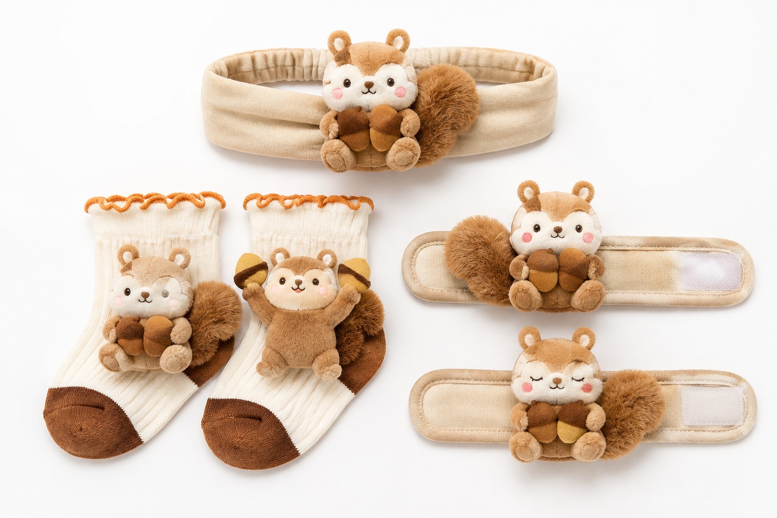 Wholesale Plush Squirrel Baby Headband Gift Set with Socks & Wristbands