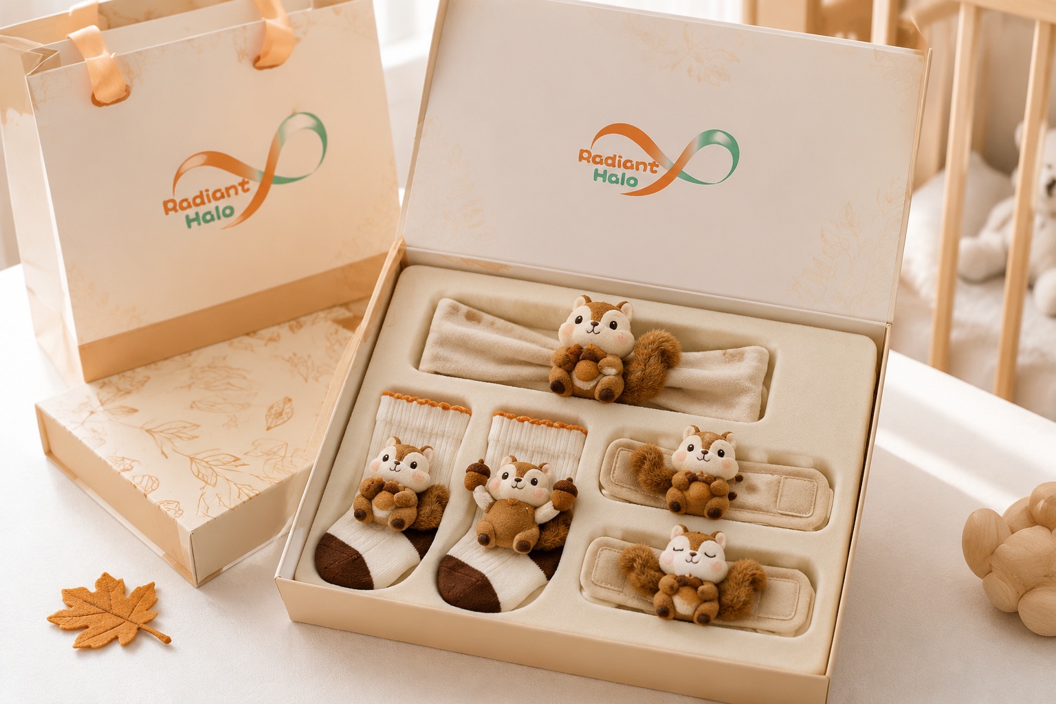 Wholesale Plush Squirrel Baby Headband Gift Set with Socks & Wristbands