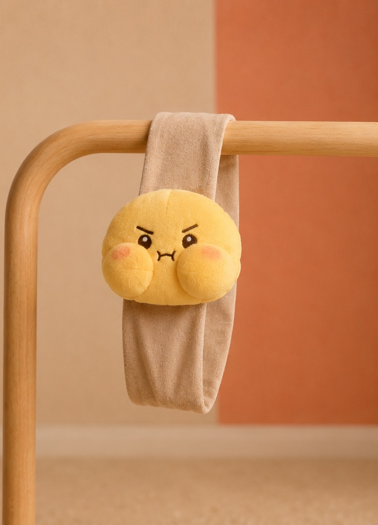 B2B Favorite Soft Plush Emoji Baby Headband – Pouting Face Beige Stretch Design