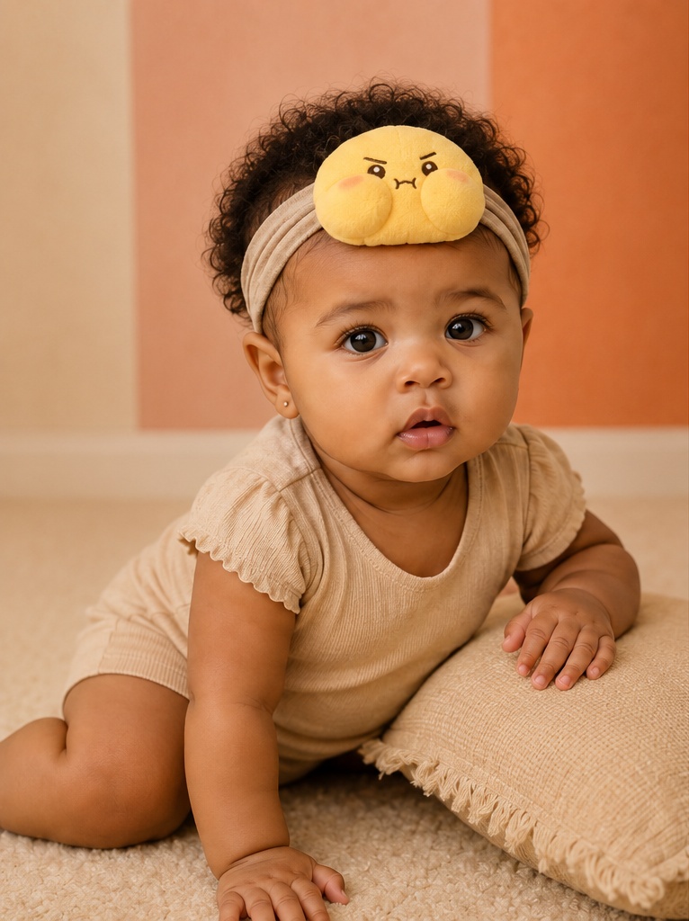 B2B Favorite Soft Plush Emoji Baby Headband – Pouting Face Beige Stretch Design