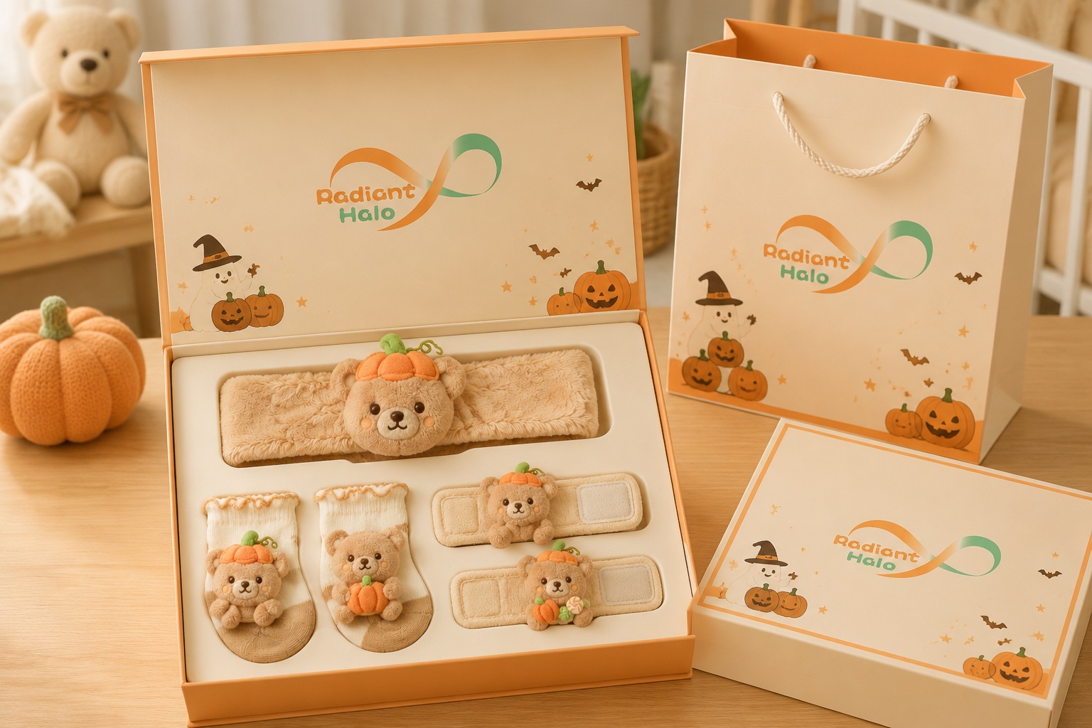 Wholesale Pumpkin Teddy Bear Baby Gift Set – Plush Headband, Socks & Adjustable Wristbands | OEM/ODM