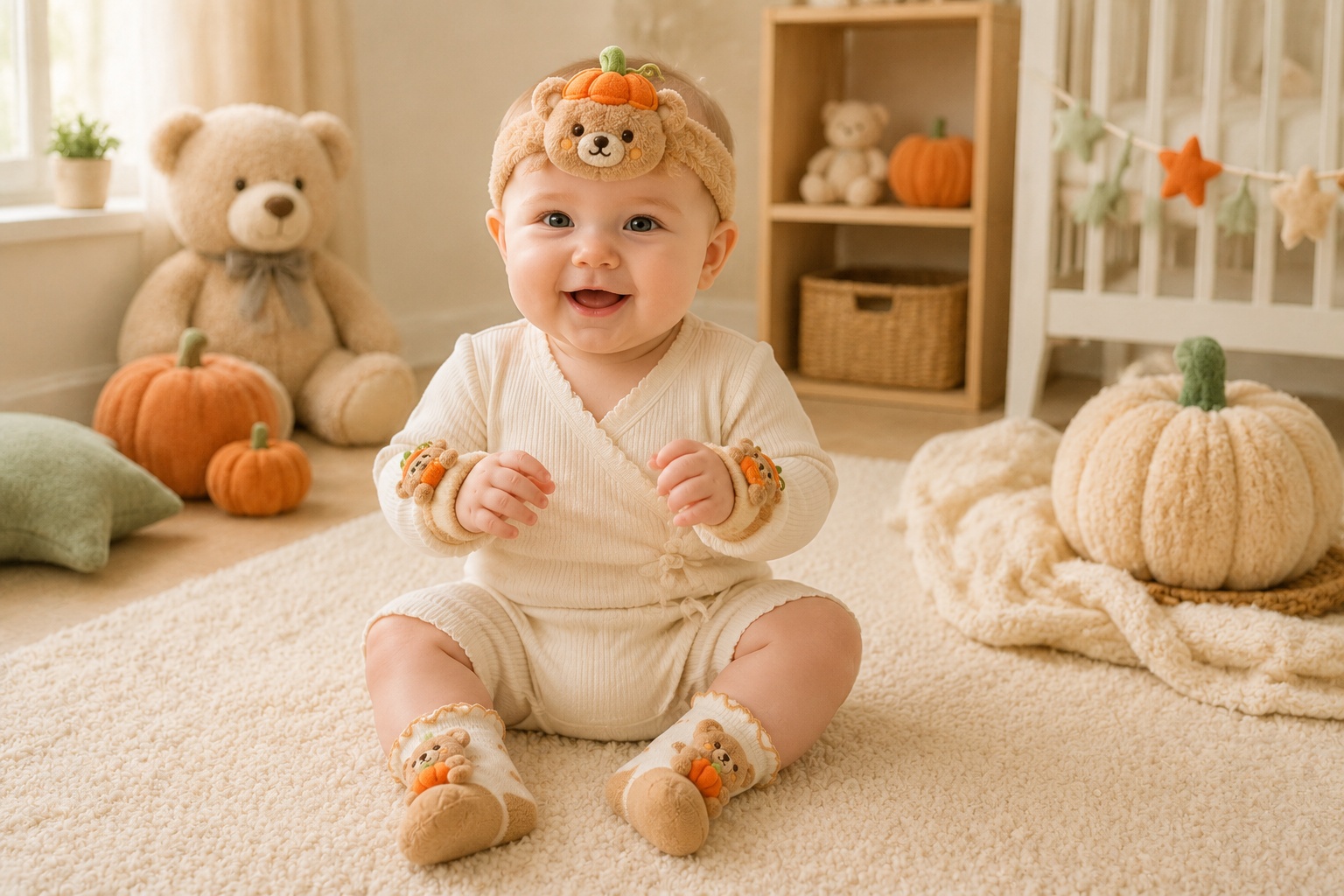 Wholesale Pumpkin Teddy Bear Baby Gift Set – Plush Headband, Socks & Adjustable Wristbands | OEM/ODM