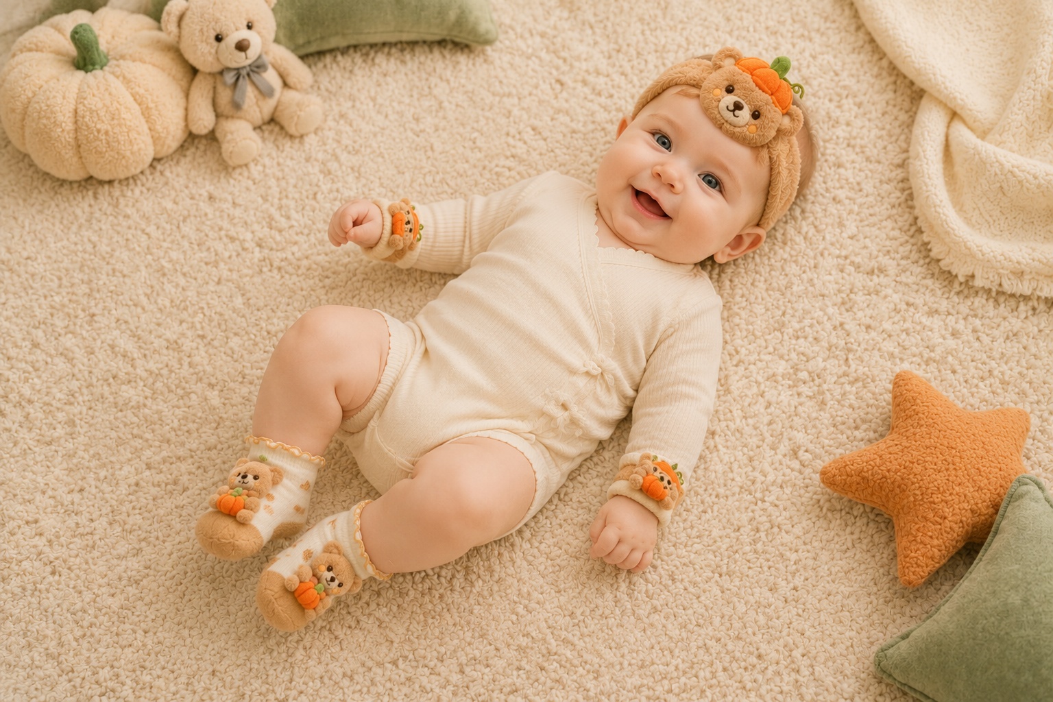 Wholesale Pumpkin Teddy Bear Baby Gift Set – Plush Headband, Socks & Adjustable Wristbands | OEM/ODM
