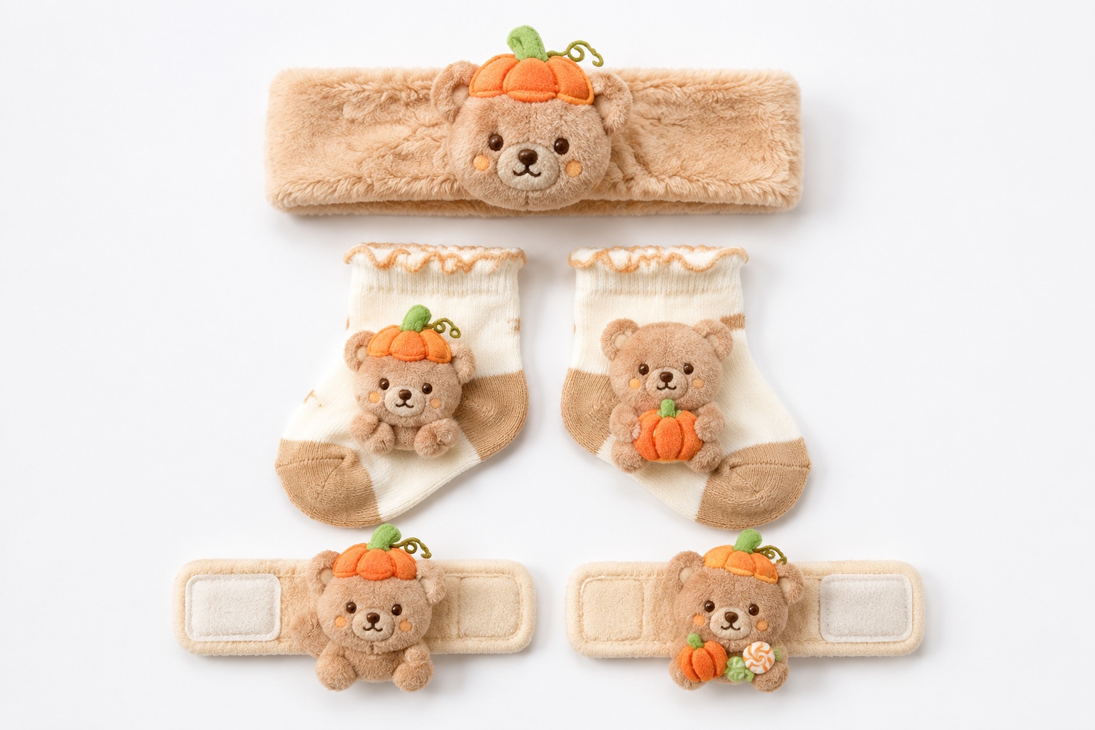 Wholesale Pumpkin Teddy Bear Baby Gift Set – Plush Headband, Socks & Adjustable Wristbands | OEM/ODM