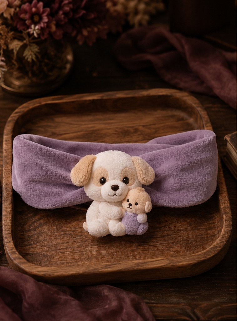 小売映えする犬ぬいぐるみ付きベビーヘアバンド｜卸売・OEM向けギフト商品
