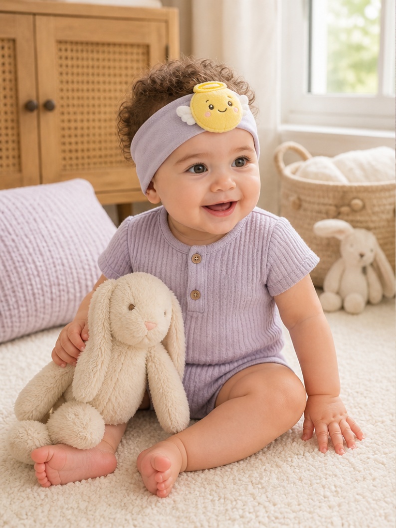 Wholesale OEM Baby Plush Headband with Detachable Angel Emoji Doll — Soft Stretch Headwrap for Baby Boutiques