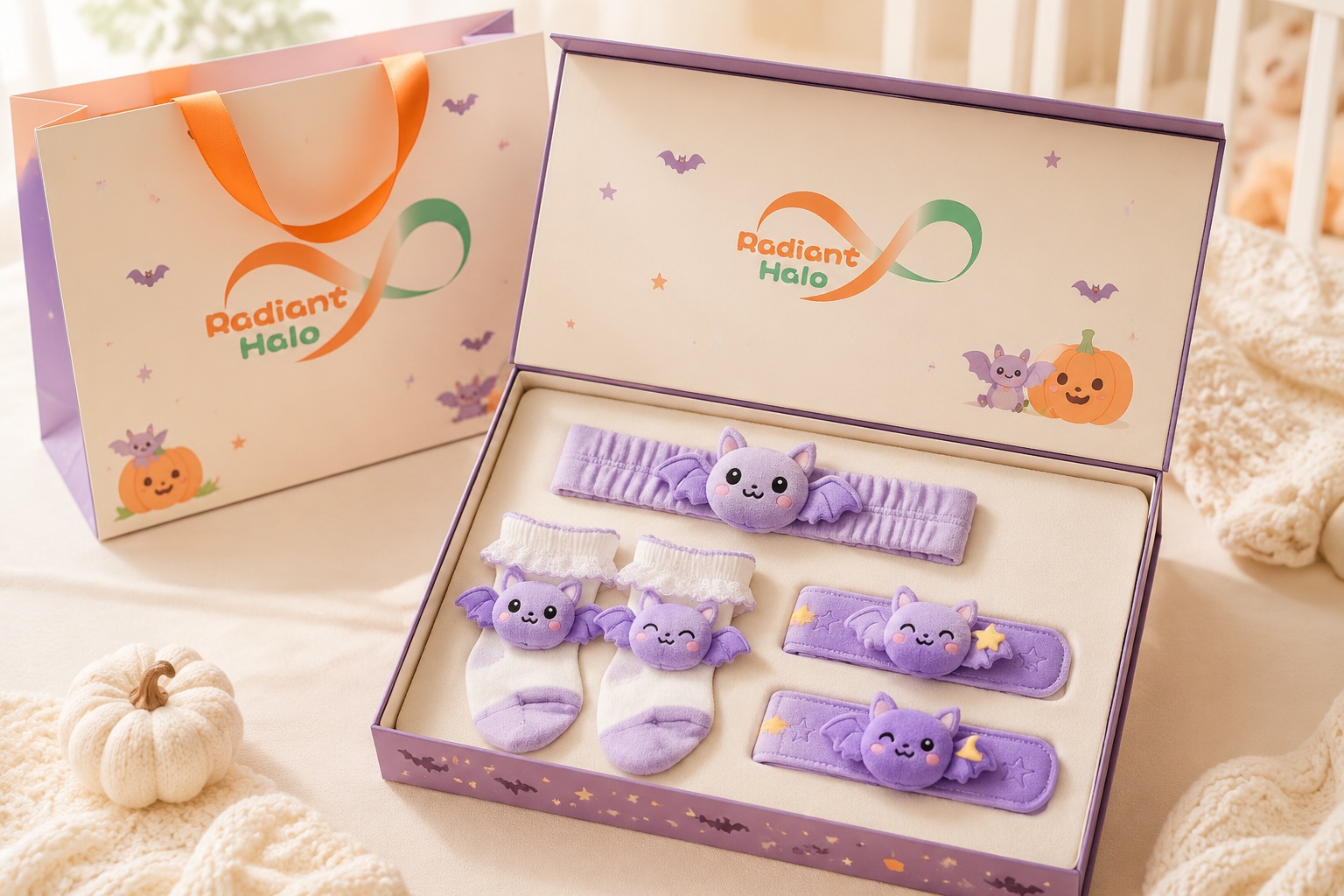 Wholesale Halloween Purple Bat Baby Headband Gift Set with Socks & Wristbands
