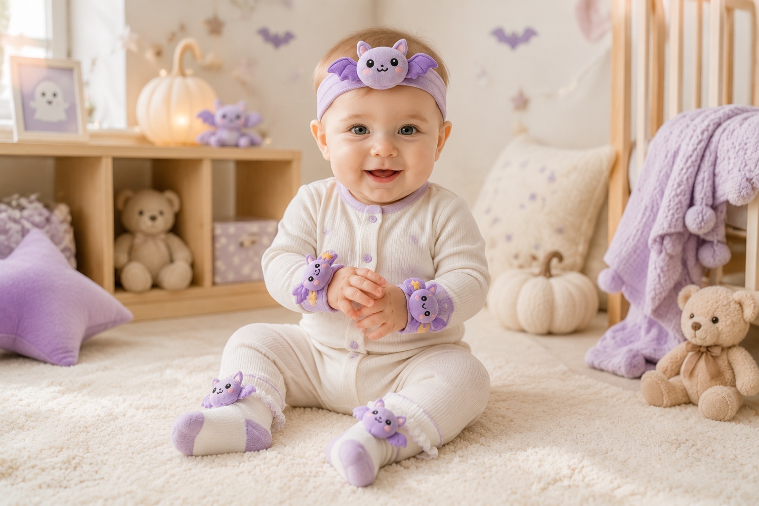 Wholesale Halloween Purple Bat Baby Headband Gift Set with Socks & Wristbands