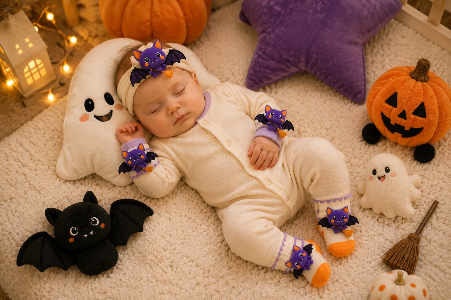 Wholesale Custom Halloween Baby Gift Set – Purple Bat Headband, Socks & Wristbands | OEM Private Label