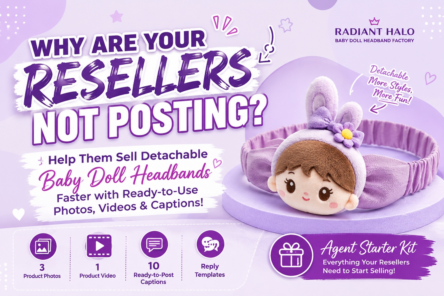 🔥 Why Are Your Resellers Not Posting? Help Them Sell Detachable Baby Doll Headbands Faster with Ready-to-Use Photos, Videos & Captions!