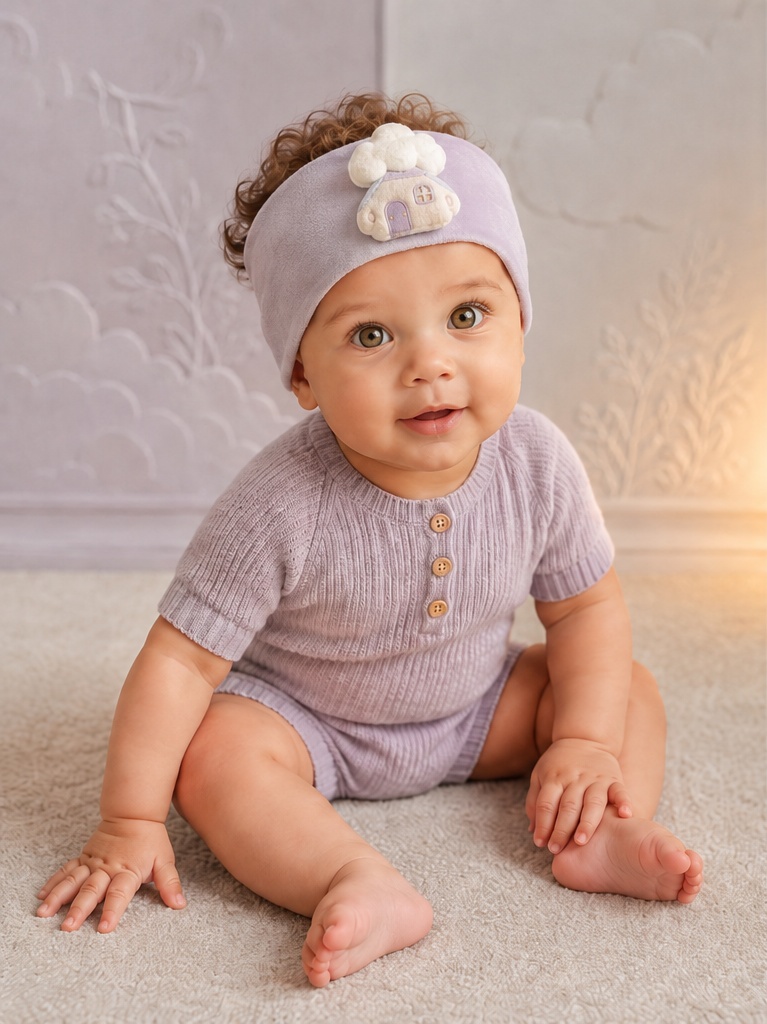 Wholesale-Ready Purple Plush Baby Headband with Cloud House Applique for Boutique Gift Lines