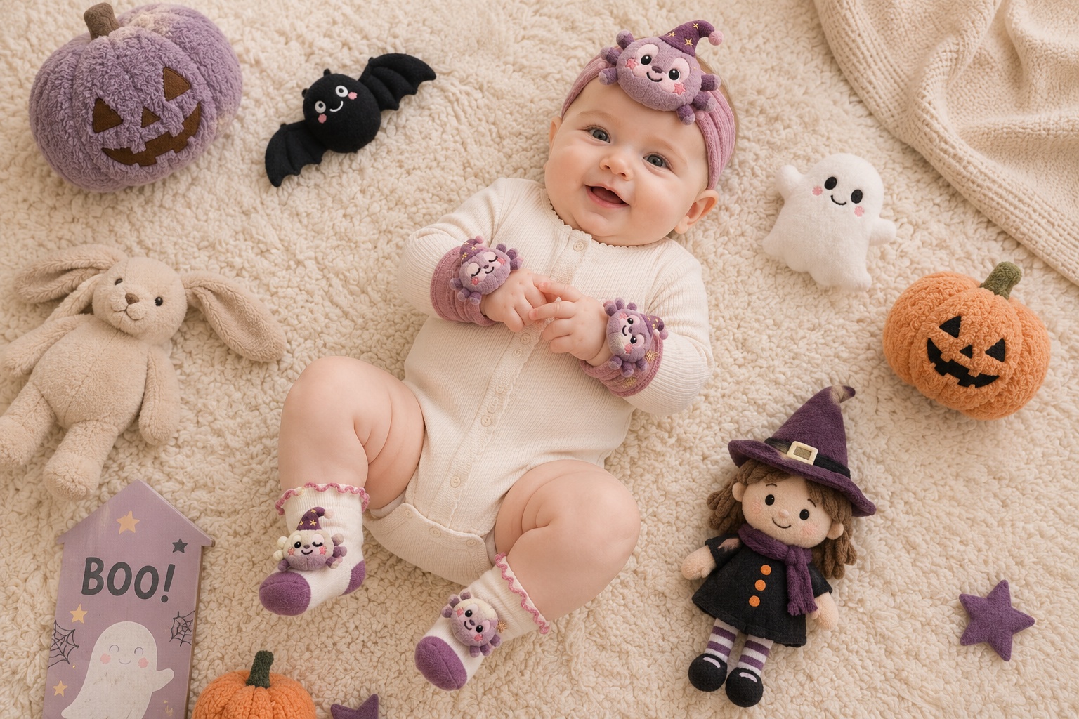 Wholesale Purple Spider Baby Gift Box Set – Plush Character Headband, Baby Socks & Wrist Rattles for Gift Retailers