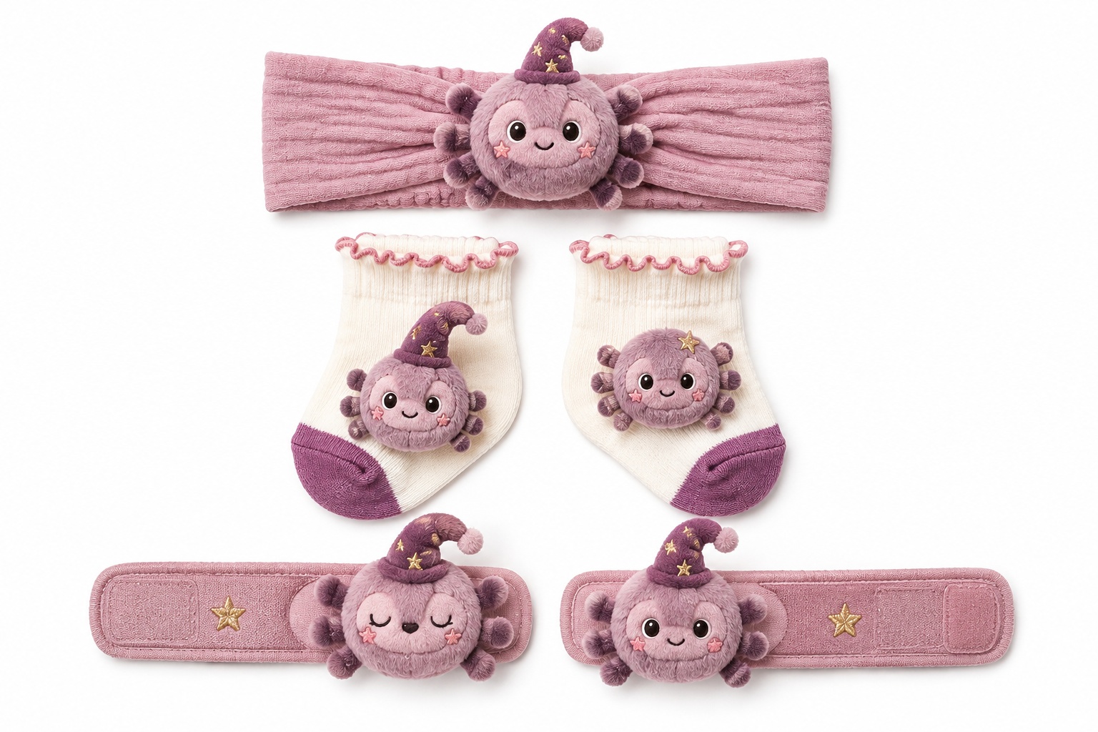 Wholesale Purple Spider Baby Gift Box Set – Plush Character Headband, Baby Socks & Wrist Rattles for Gift Retailers
