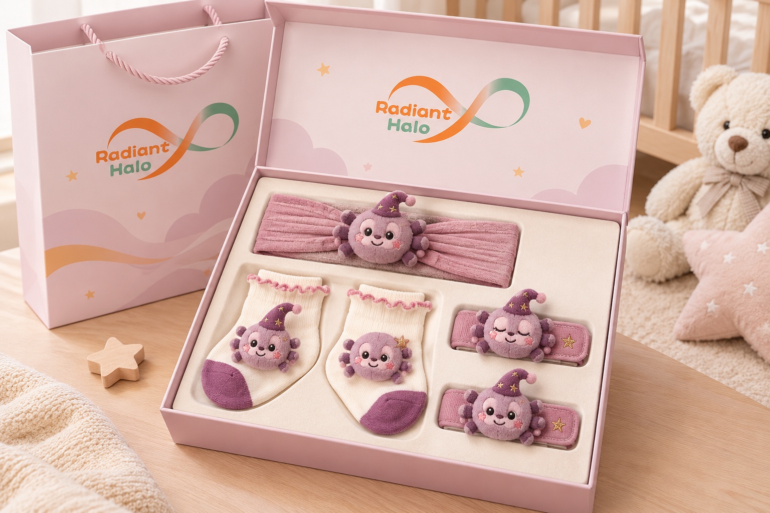 Wholesale Purple Spider Baby Gift Box Set – Plush Character Headband, Baby Socks & Wrist Rattles for Gift Retailers