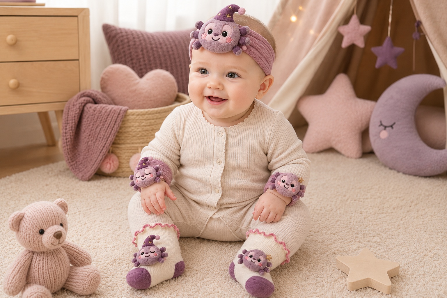 Wholesale Purple Spider Baby Gift Box Set – Plush Character Headband, Baby Socks & Wrist Rattles for Gift Retailers