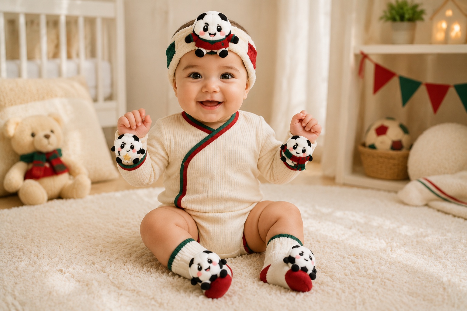 Wholesale 5-Piece Red & Green Soccer Baby Gift Set – Character Headband, Socks and Wrist Rattles for Holiday Retail