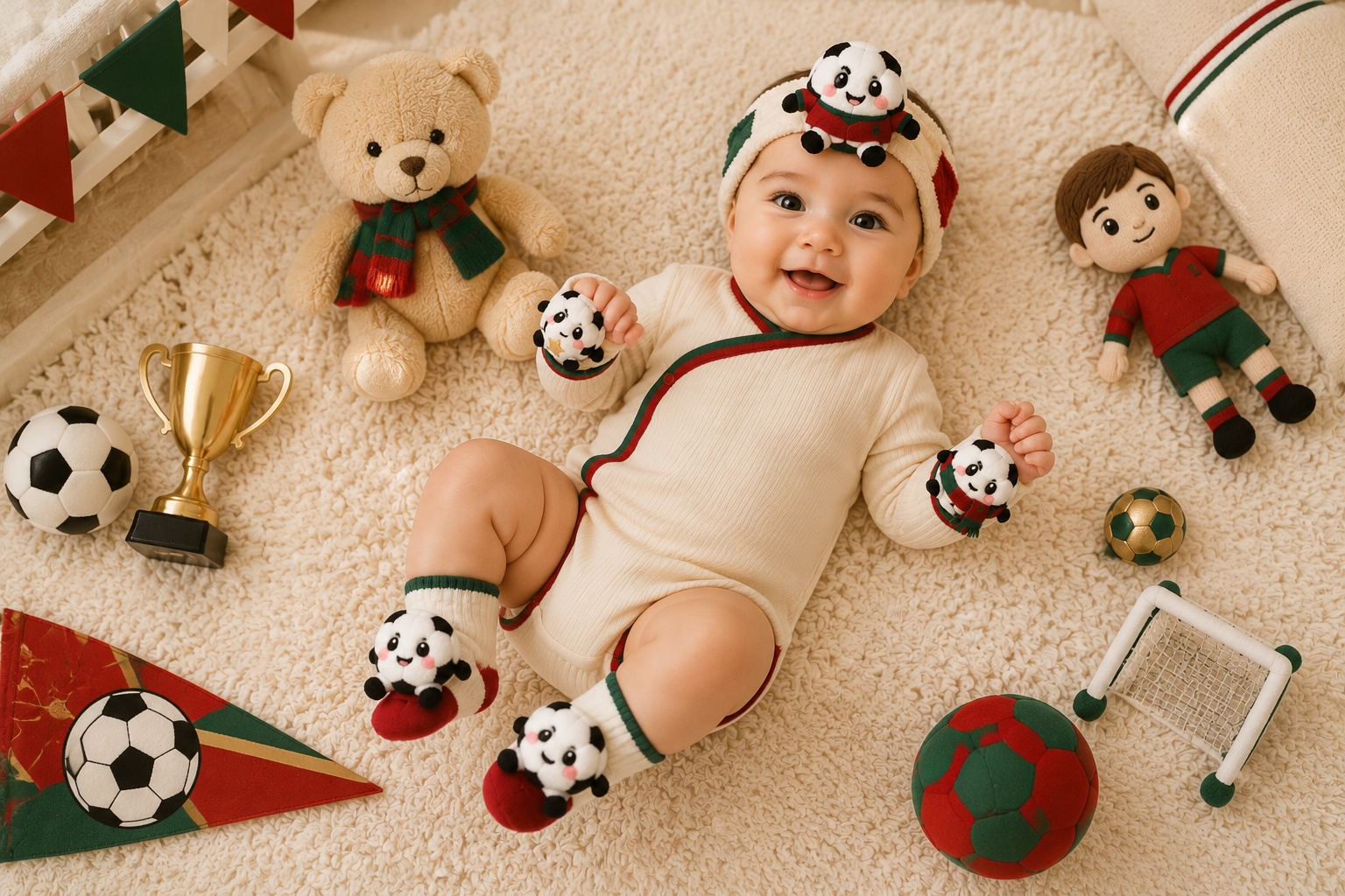 Wholesale 5-Piece Red & Green Soccer Baby Gift Set – Character Headband, Socks and Wrist Rattles for Holiday Retail