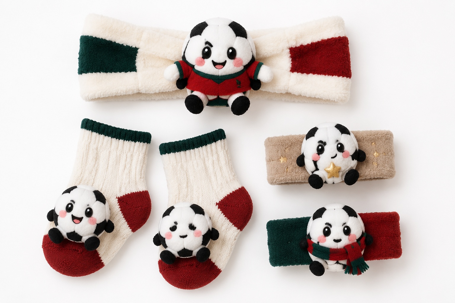 Wholesale 5-Piece Red & Green Soccer Baby Gift Set – Character Headband, Socks and Wrist Rattles for Holiday Retail