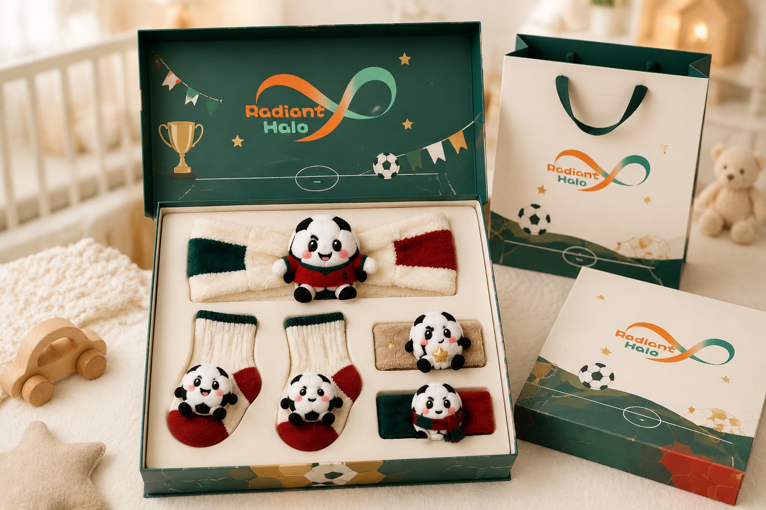 Wholesale 5-Piece Red & Green Soccer Baby Gift Set – Character Headband, Socks and Wrist Rattles for Holiday Retail