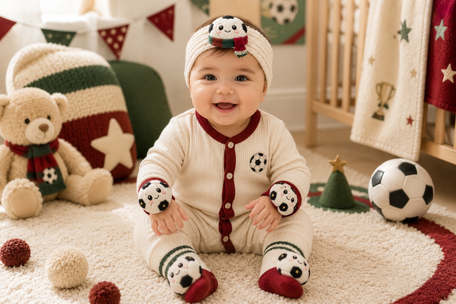 Wholesale Red & Green Soccer Baby Gift Set with Plush Headband, Socks and Wrist Rattles
