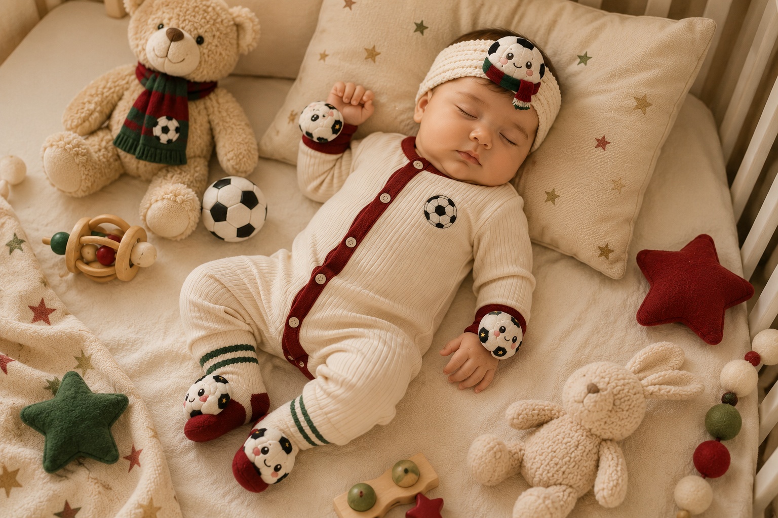 Wholesale Red & Green Soccer Baby Gift Set with Plush Headband, Socks and Wrist Rattles