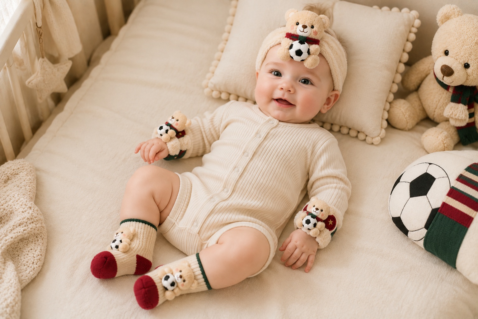 Wholesale-Ready Red & Green Soccer Teddy Bear Baby Gift Set | Plush Headband, Socks & Wrist Rattles