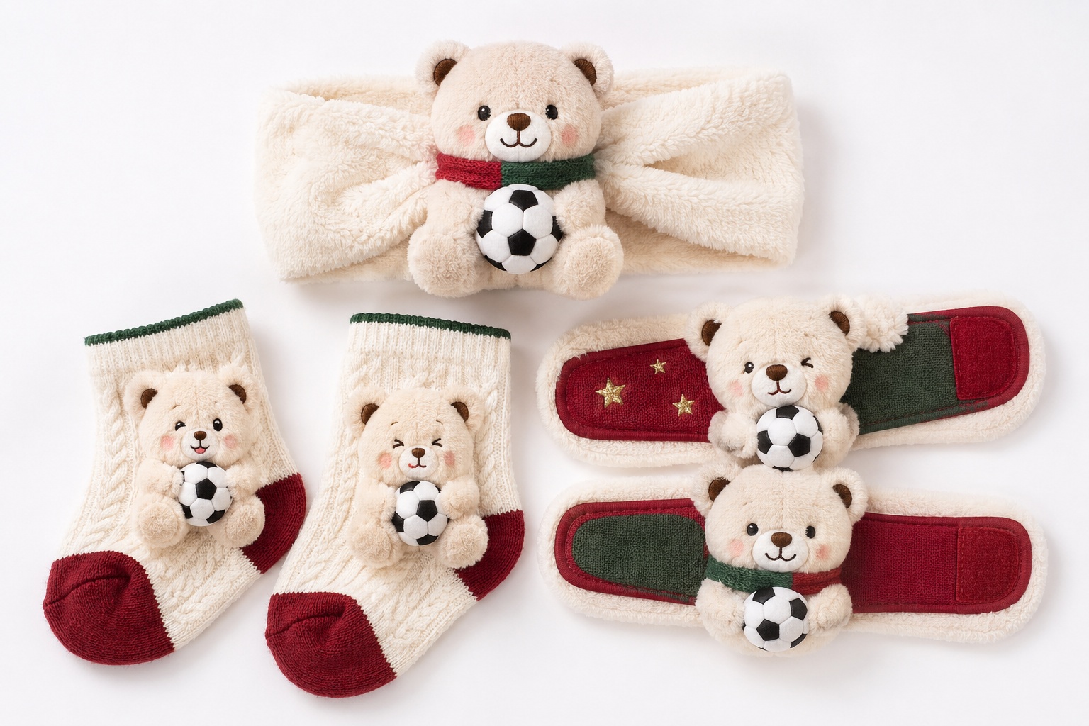 Wholesale-Ready Red & Green Soccer Teddy Bear Baby Gift Set | Plush Headband, Socks & Wrist Rattles