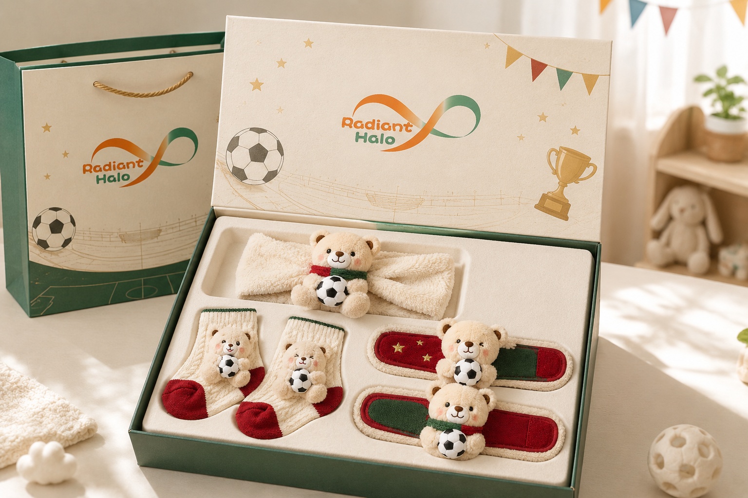 Wholesale-Ready Red & Green Soccer Teddy Bear Baby Gift Set | Plush Headband, Socks & Wrist Rattles