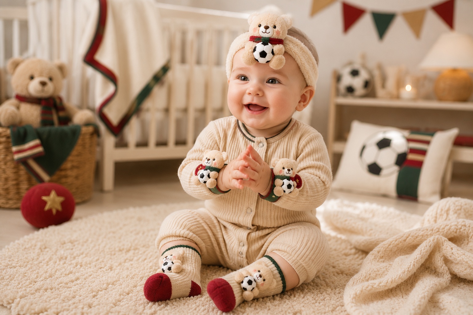 Wholesale-Ready Red & Green Soccer Teddy Bear Baby Gift Set | Plush Headband, Socks & Wrist Rattles