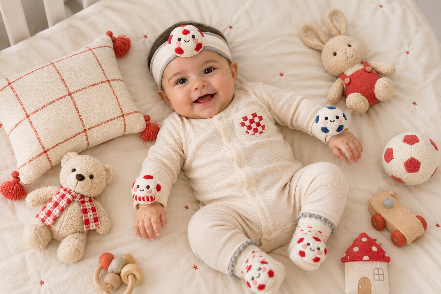 Wholesale Red Soccer Baby Gift Set with Plush Football Headband, Socks & Wrist Rattles | OEM/ODM Ready