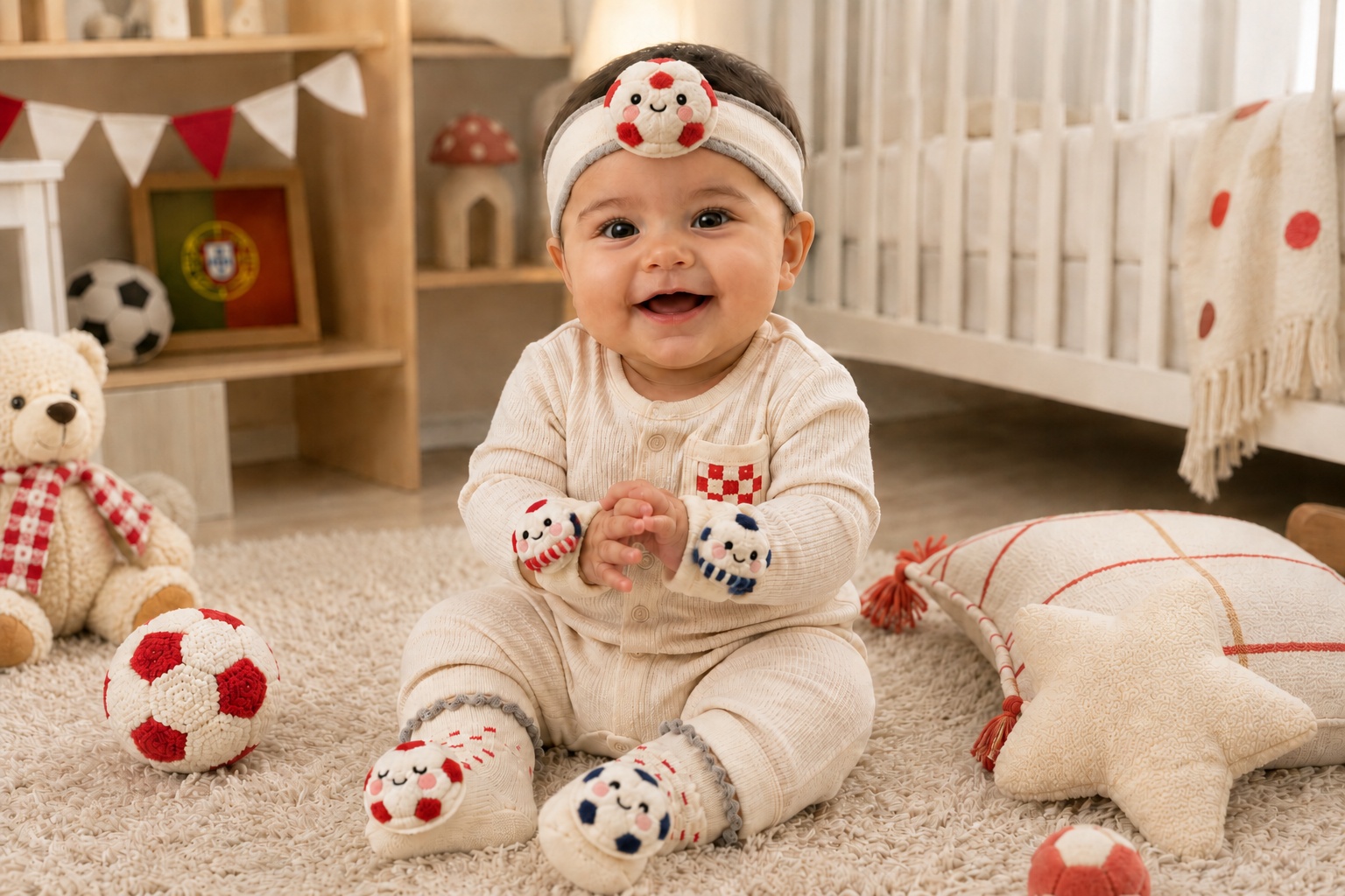 Wholesale Red Soccer Baby Gift Set with Plush Football Headband, Socks & Wrist Rattles | OEM/ODM Ready