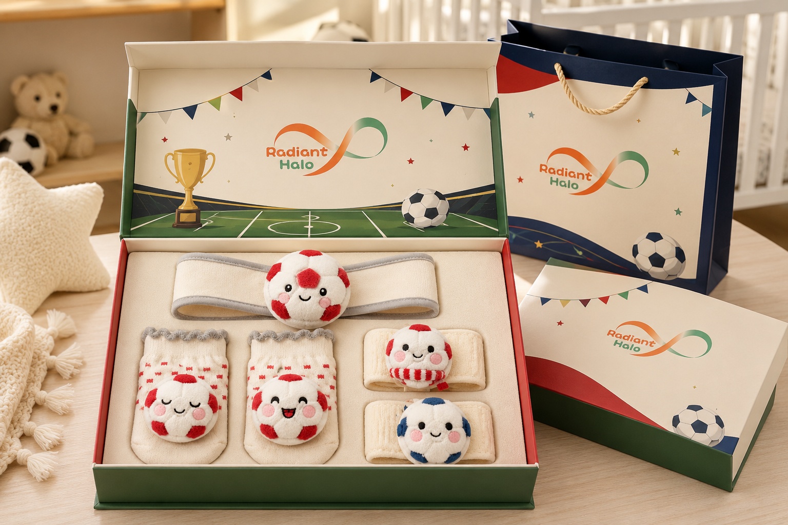 Wholesale Red Soccer Baby Gift Set with Plush Football Headband, Socks & Wrist Rattles | OEM/ODM Ready
