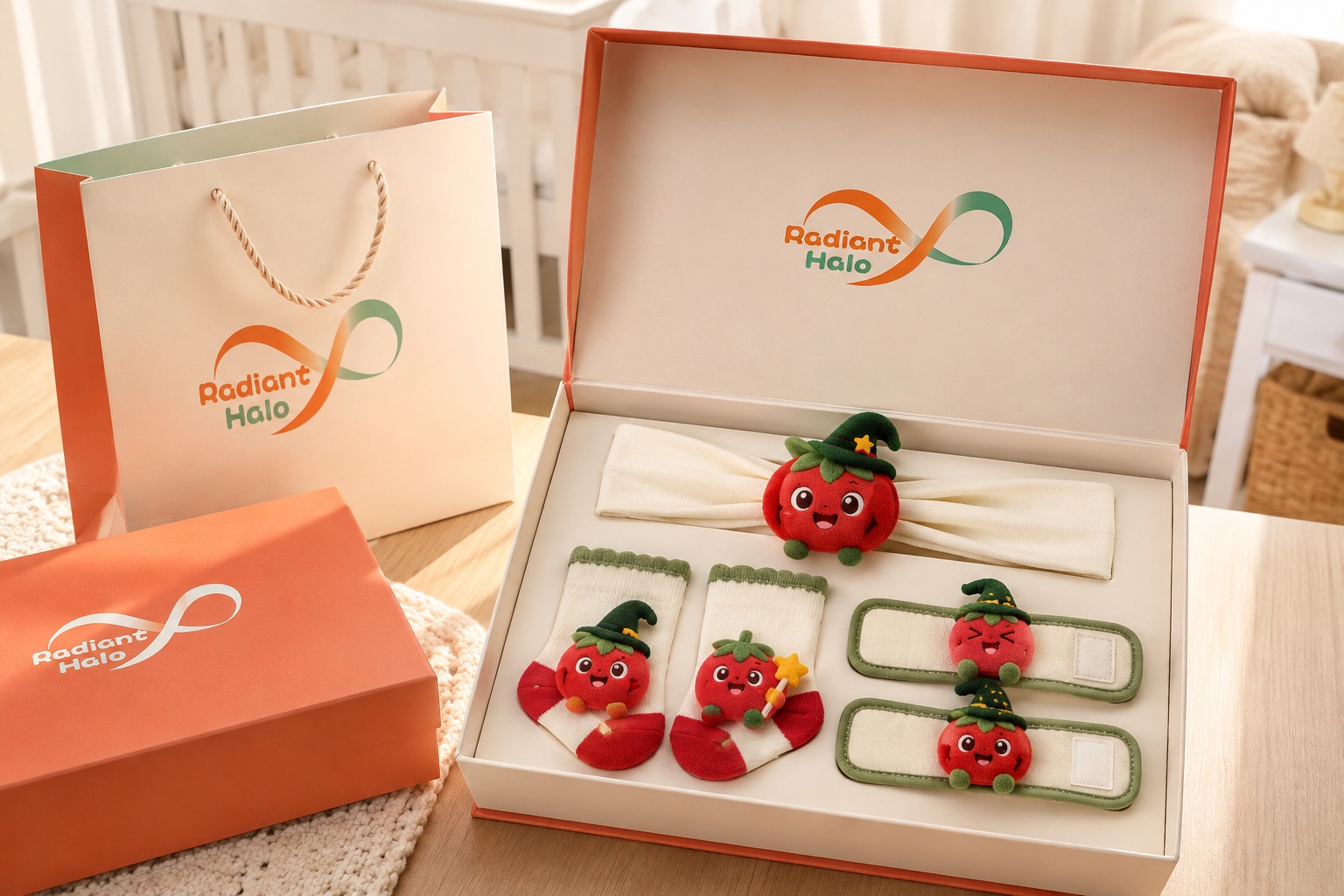 Wholesale Halloween Tomato Plush Baby Gift Set – Character Headband, Socks & Wristbands for Boutique and Private Label Orders