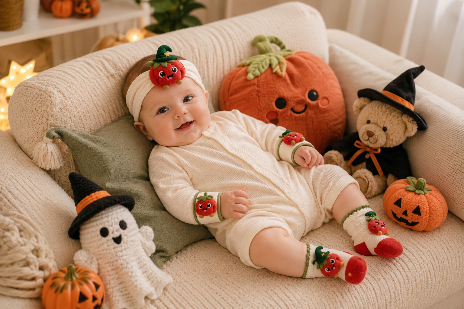 Wholesale Halloween Tomato Plush Baby Gift Set – Character Headband, Socks & Wristbands for Boutique and Private Label Orders