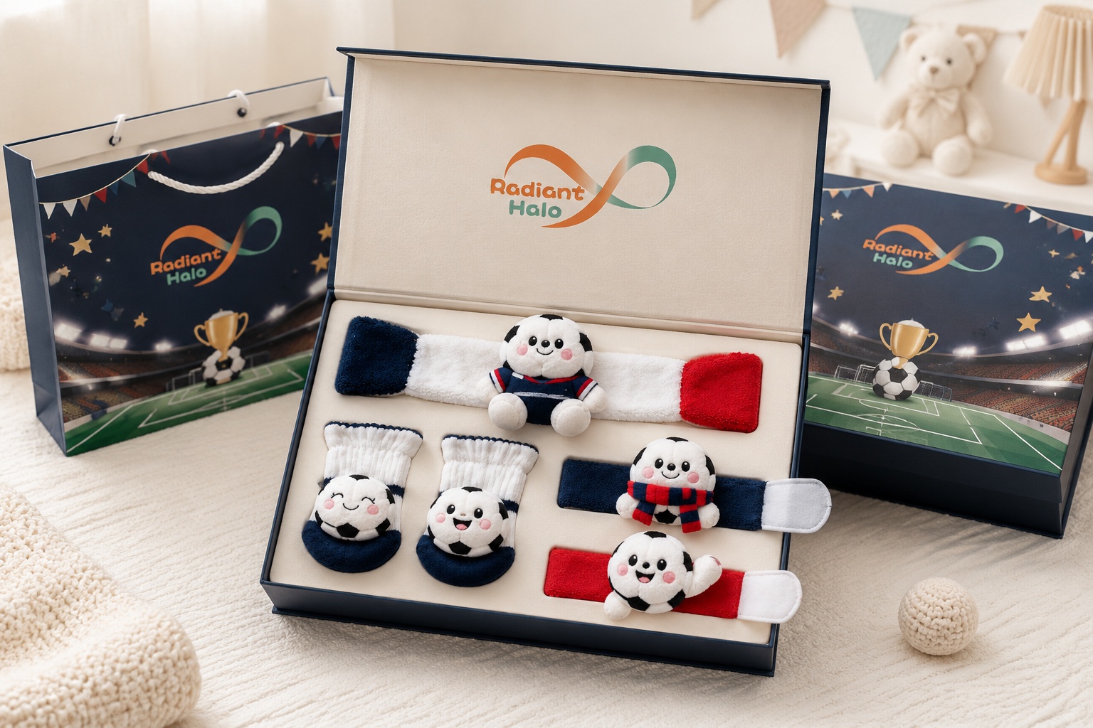 Wholesale Red White Navy Soccer Baby Gift Set – Plush Football Headband, Socks & Wrist Rattles
