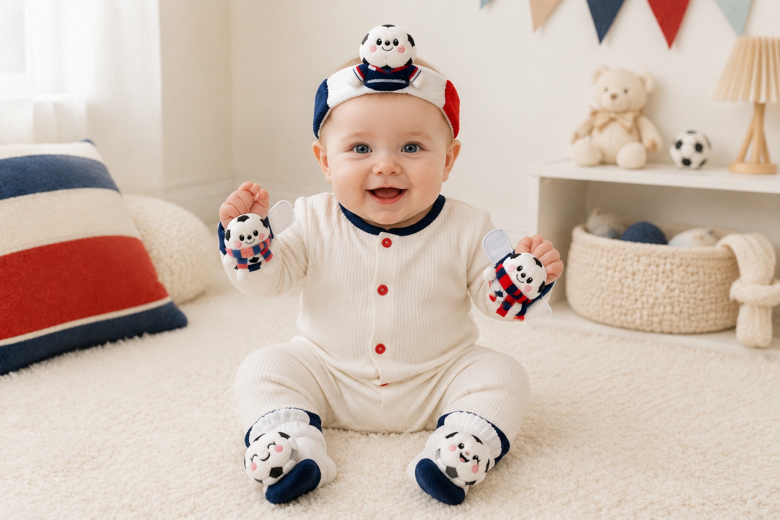 Wholesale Red White Navy Soccer Baby Gift Set – Plush Football Headband, Socks & Wrist Rattles