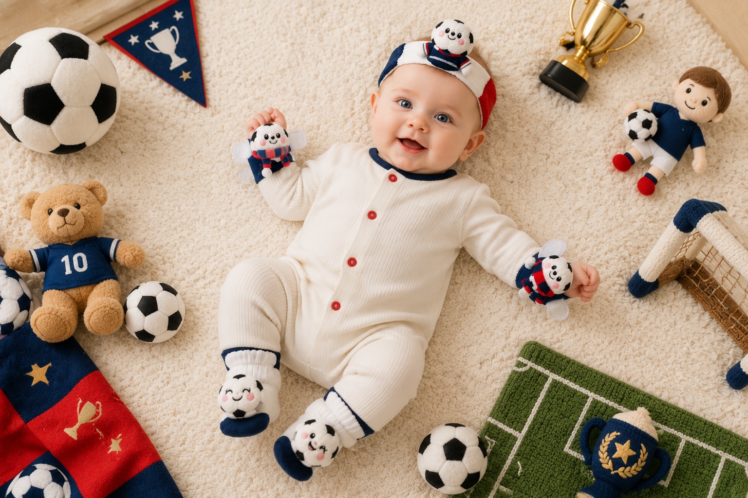Wholesale Red White Navy Soccer Baby Gift Set – Plush Football Headband, Socks & Wrist Rattles