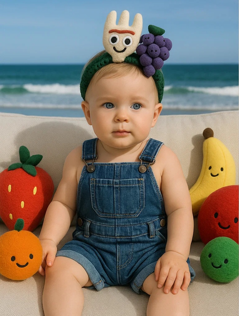 Playful Grapes & Cartoon Fork Baby Headband – Perfect for Baby Boutiques