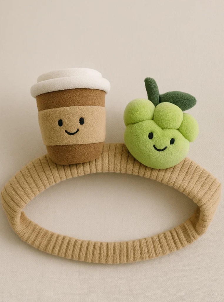 Charming Baby Headband with Plush Coffee Cup & Green Grapes – Perfect for Baby Product Retailers
