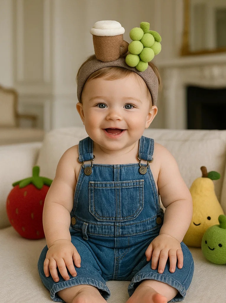 Adorable Baby Headband with Plush Coffee Cup & Green Grapes – Wholesale Infant Accessory