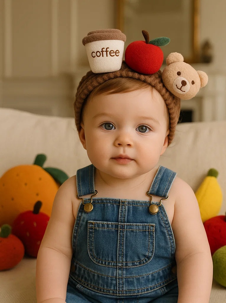 Cute Baby Headband with Plush Coffee, Apple & Bear – Perfect for Infant Retailers